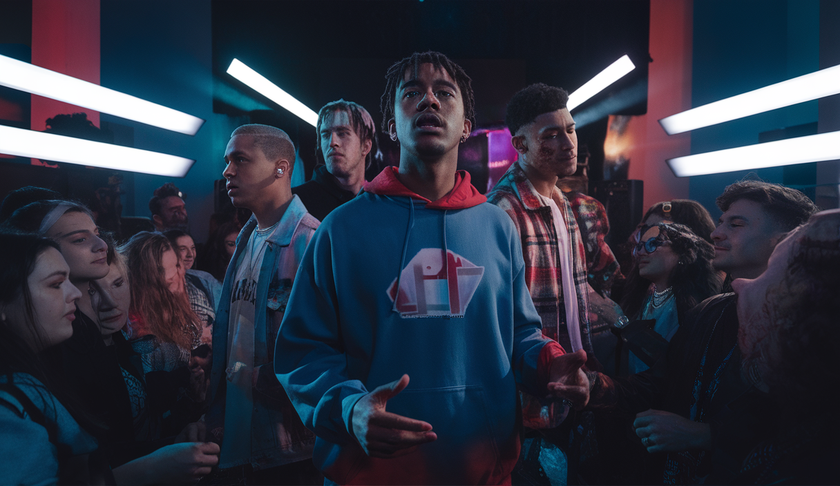 Illustration vibrante capturant l'authenticité et les luttes des artistes de rap francophone.