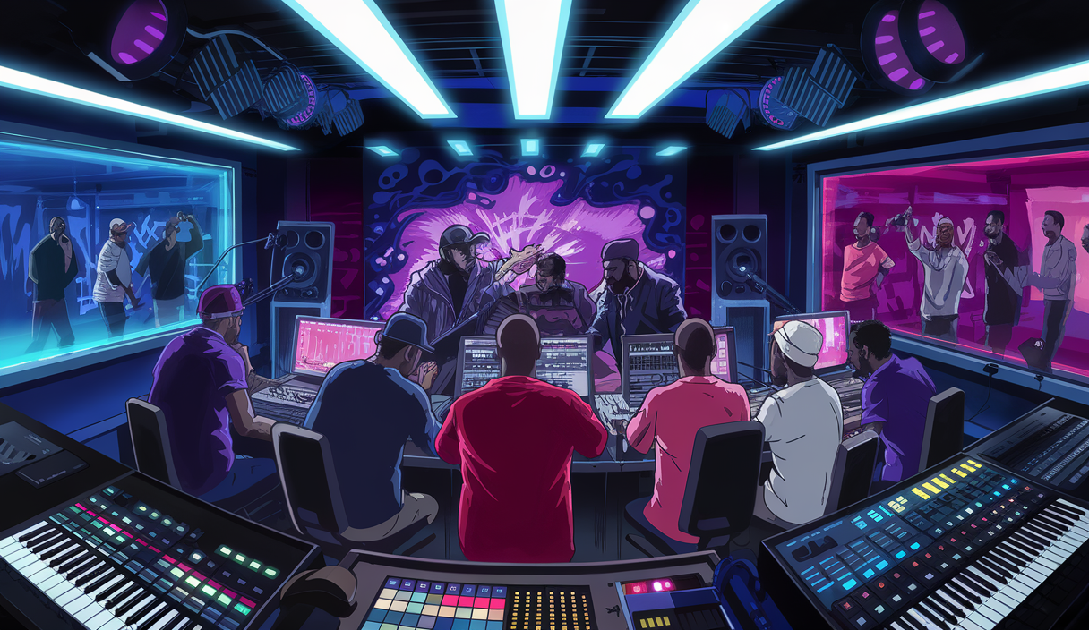Illustration contemporaine montrant les artistes du rap français en pleine créativité collaborative