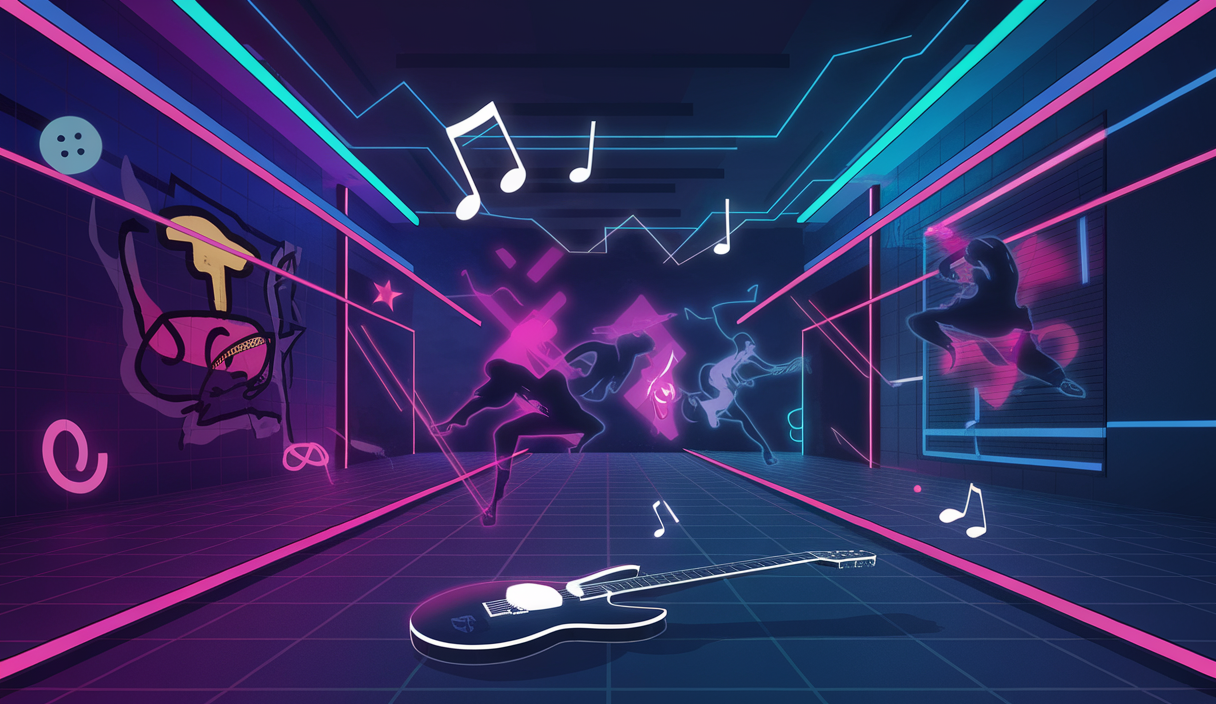 Illustration dynamique de l'intersection entre la musique, la pop culture et les adaptations audiovisuelles