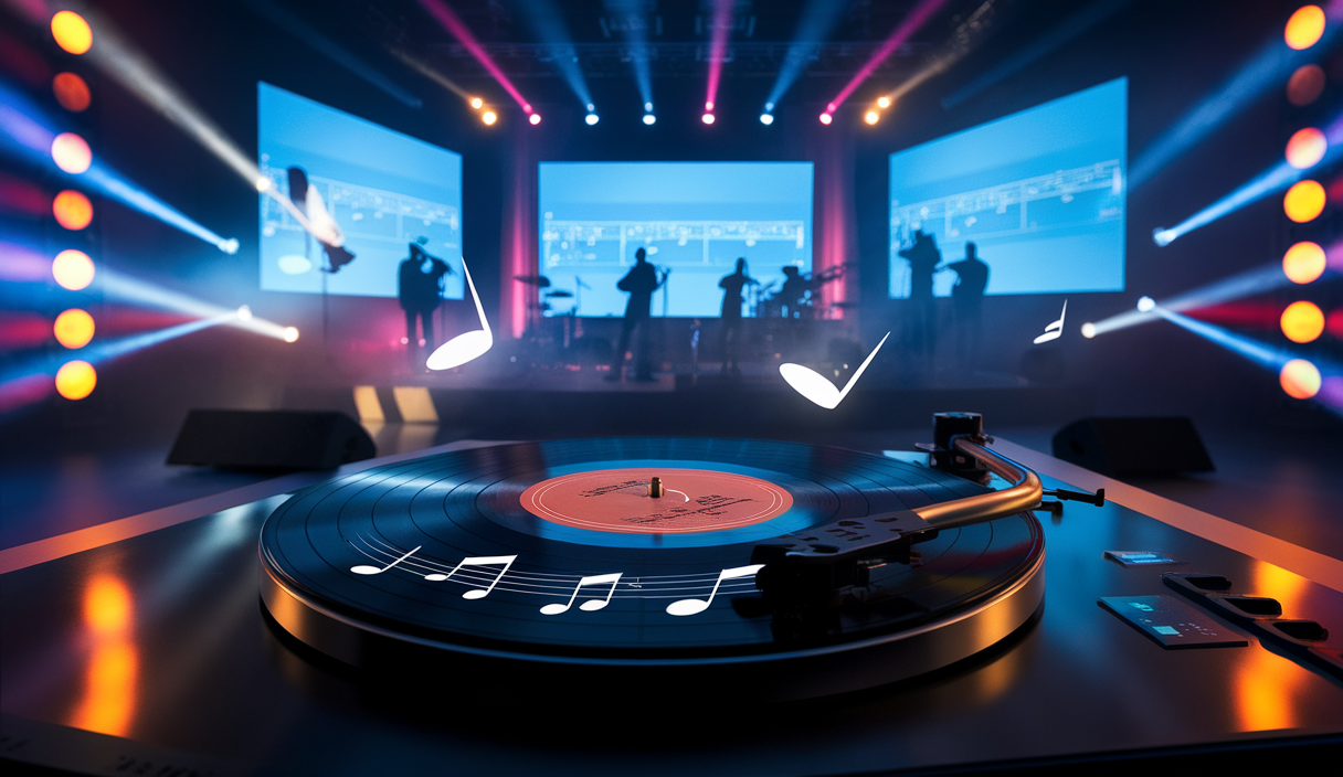 Une illustration dynamique montrant l'influence de la musique sur les classements, intégrant éléments audiovisuels et artistes célèbres.