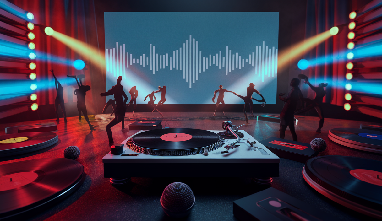 Une représentation artistique de l'influence de la musique sur la culture pop et les médias.