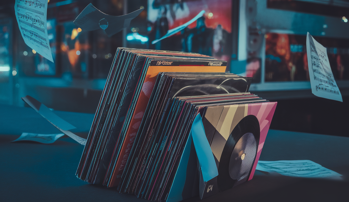 Illustration vibrante d'une pile d'albums musicaux et de singles nouveax