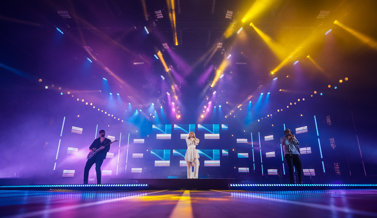 Illustration vibrante de Kane Brown, Taylor Swift et Kendrick Lamar performants sur scène en 2025