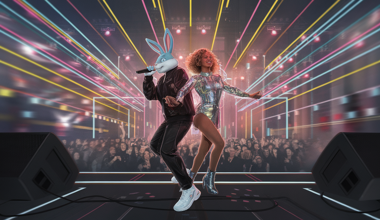 Illustration colorée des performances de Bad Bunny et Beyoncé en 2025