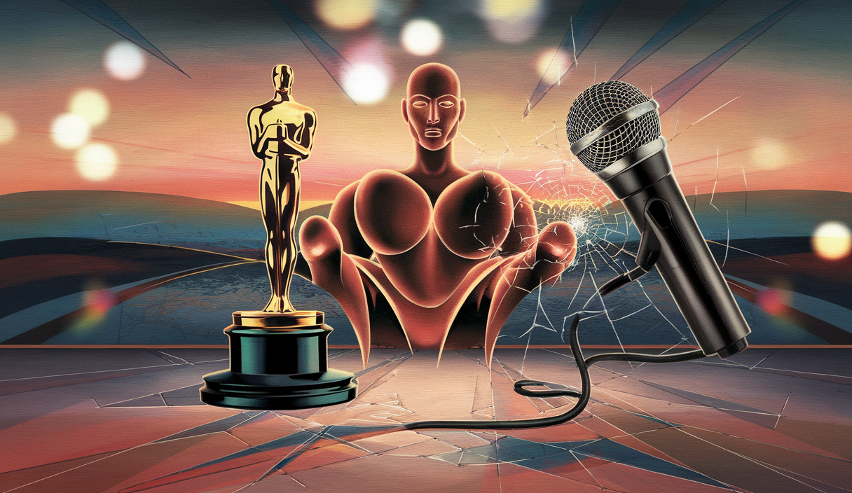 Illustration représentant des réflexions critiques sur l'industrie musicale, la culture d'annulation et les Oscars 2025