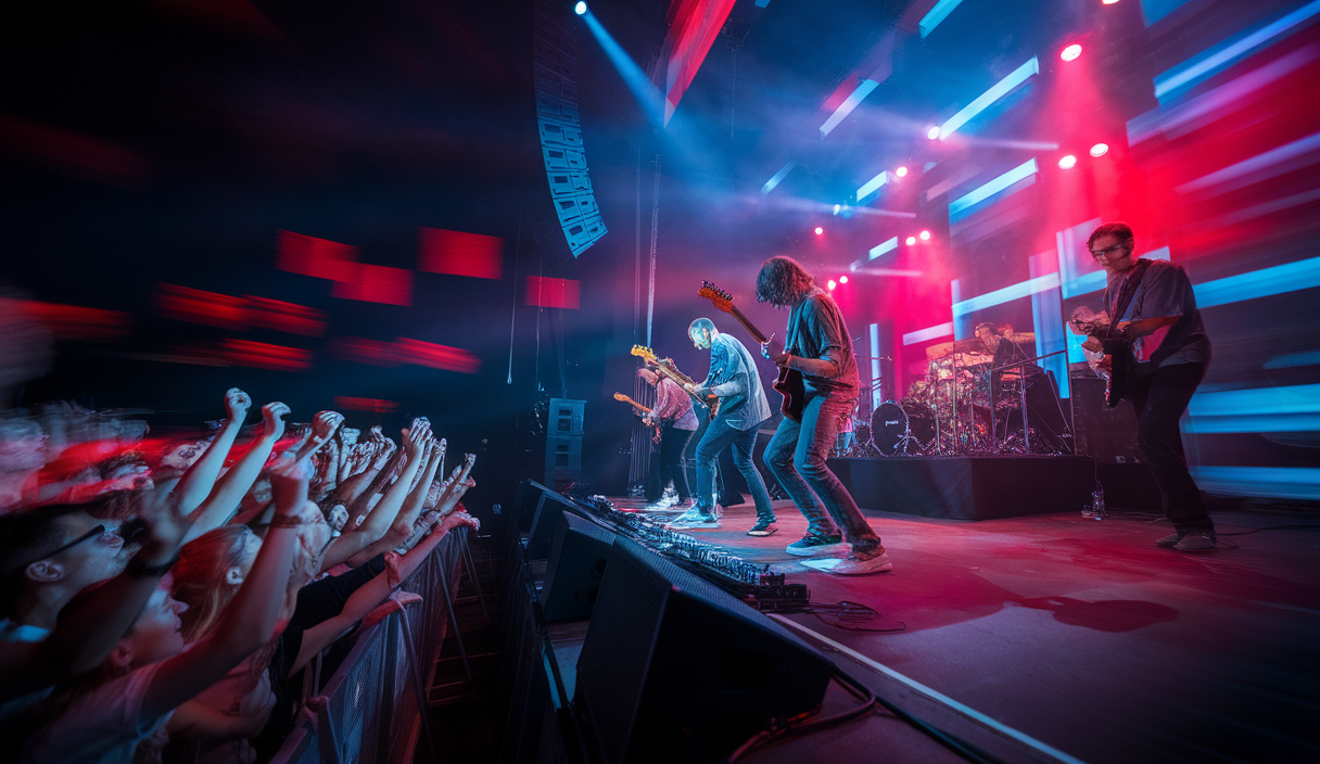Fans enthousiastes devant une scène de concert vibrant