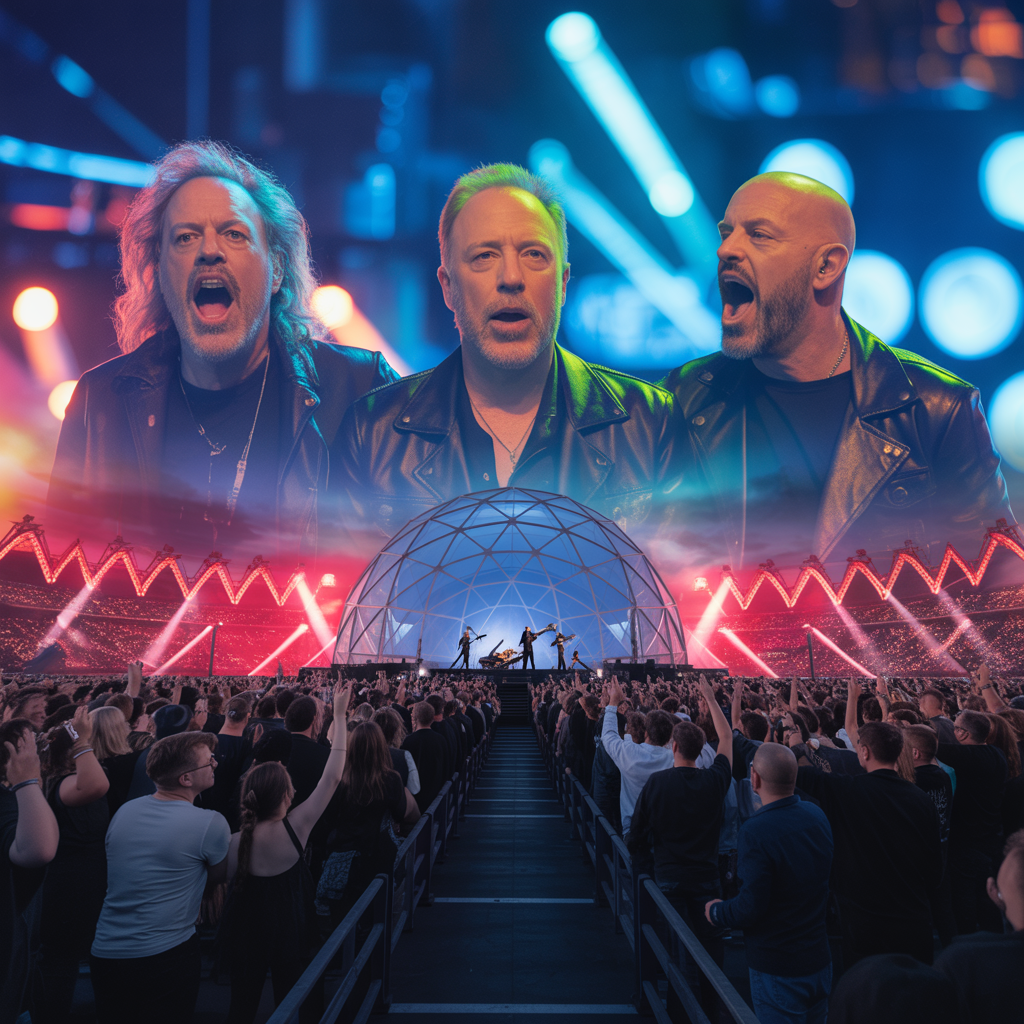Scène de concert avec Metallica, Billy Joel et Sting sur scène, énergie électrisante
