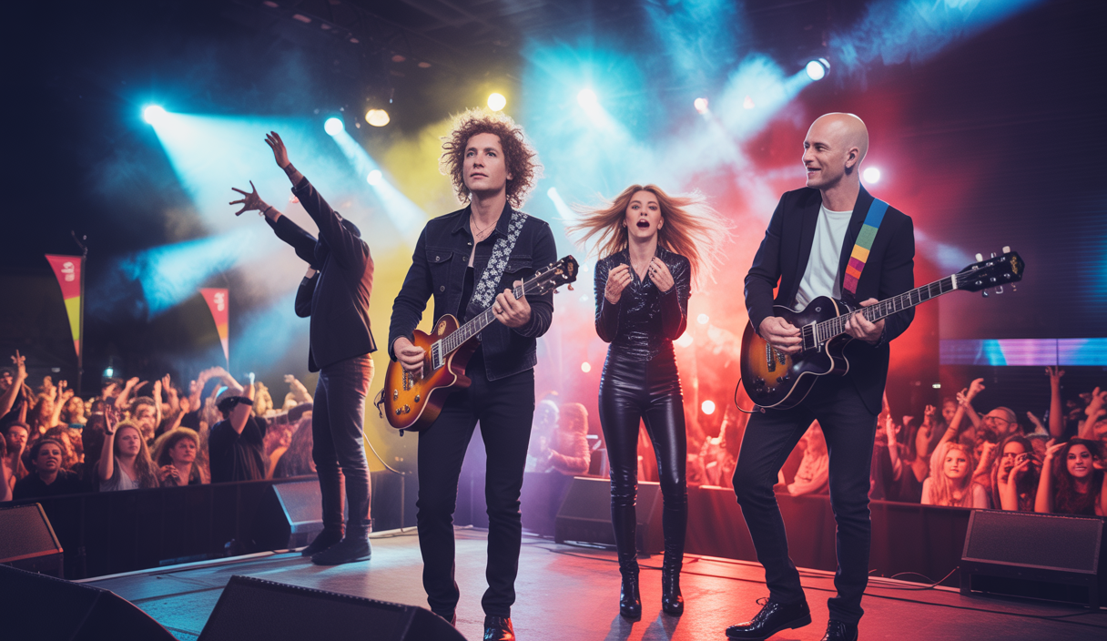 Image vibrante de festivals et concerts majeurs de mai 2025, mettant en scène Muse, Shakira, et Paul Simon.