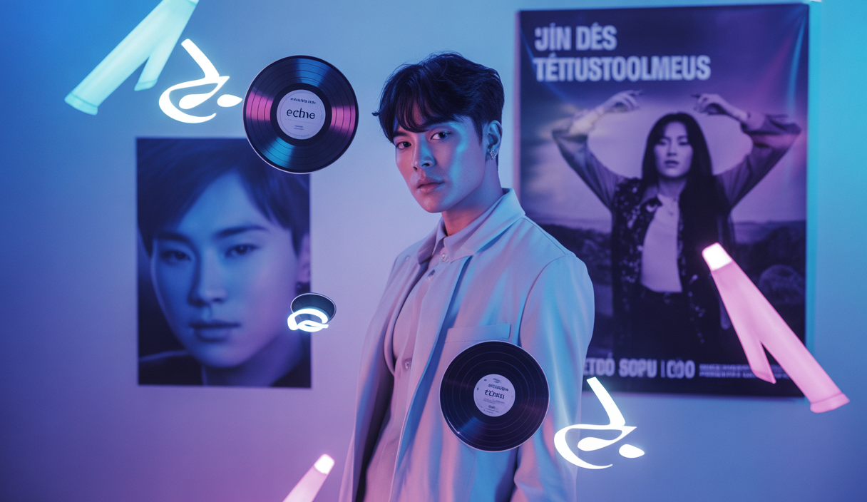 Jin de BTS célèbre son exploit solo dans un cadre vibrant et lumineux.