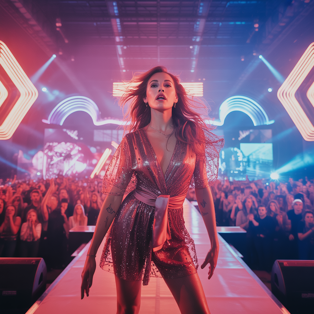 Kylie Minogue performe sur scène, ambiance spectaculaire et captivante.