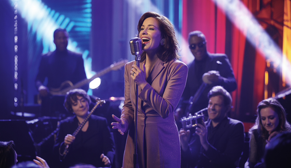 Laufey performing on stage at Jimmy Kimmel Live, exuding confidence and grace.