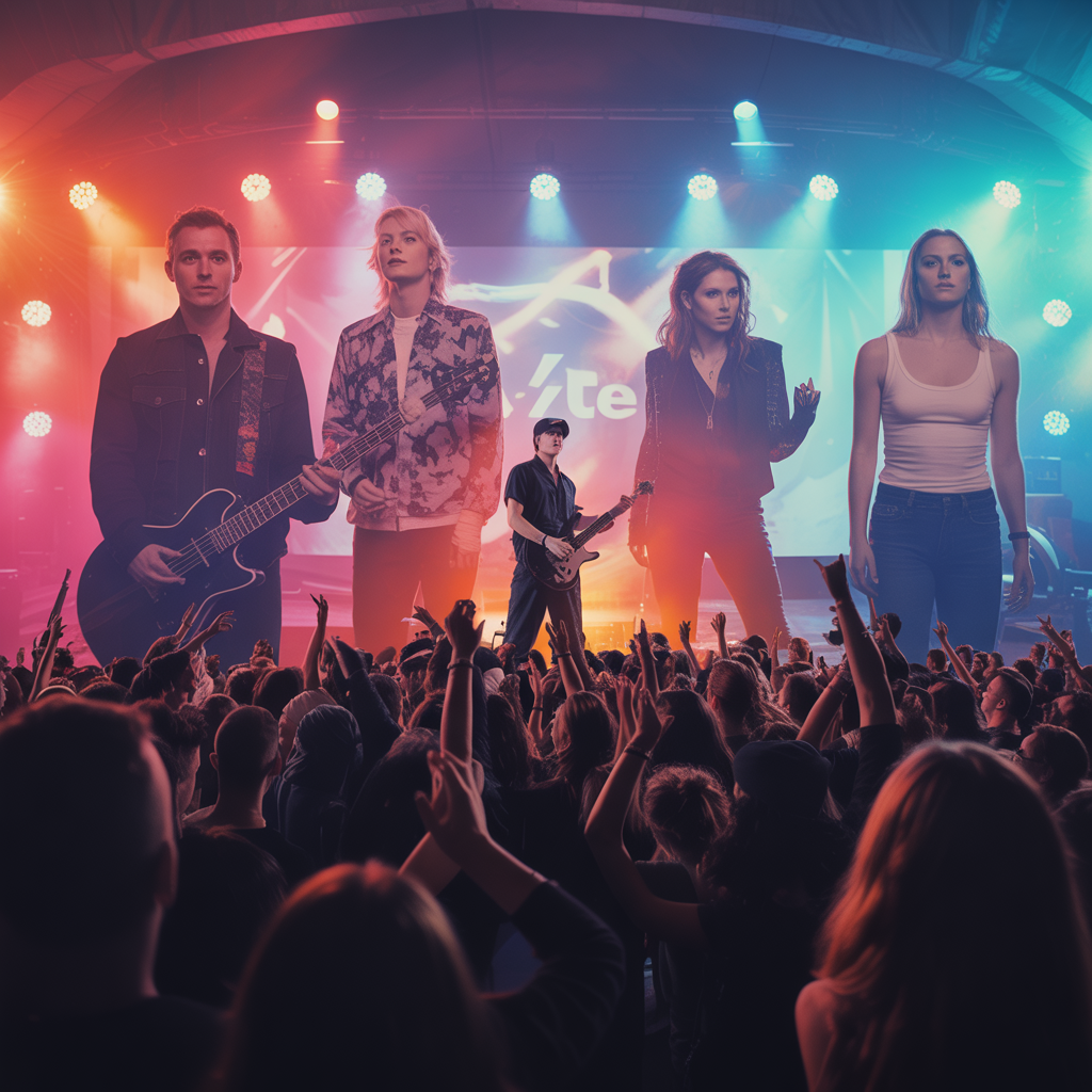 Image vibrante de tournées musicales 2025 avec artistes célèbres et festivals.