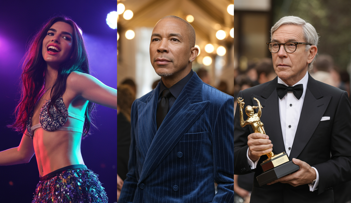 Portraits of Dua Lipa performing on stage, Pharrell Williams in a stylish suit, and Mel Brooks receiving an award, symbolizing their 2025 honors in music and culture