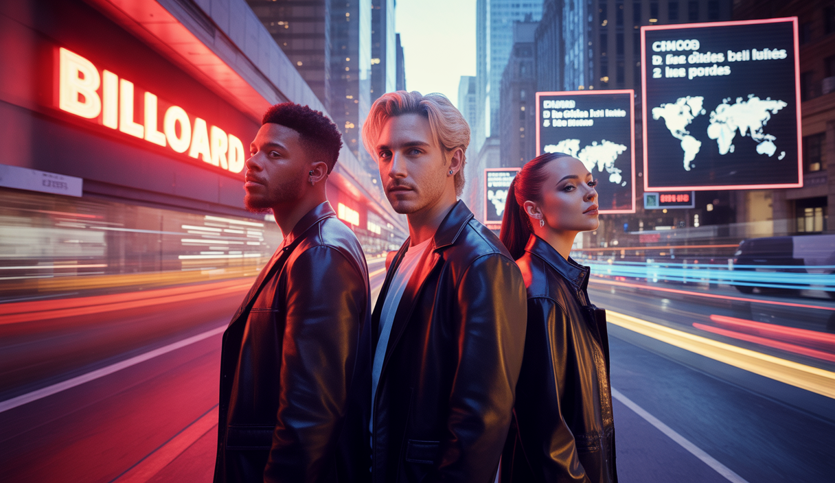 Graphique coloré illustrant la transformation des classements Billboard 2025 avec les artistes en tête et des records musicaux mondiaux