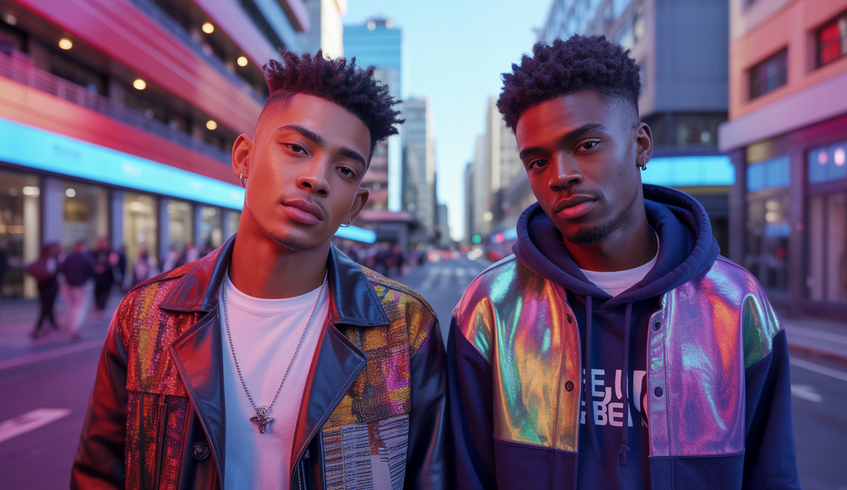 Portraits de Clv Pulcra et Reyel Ay, deux jeunes artistes émergents de la scène musicale 2025, posant avec style urbain et moderne