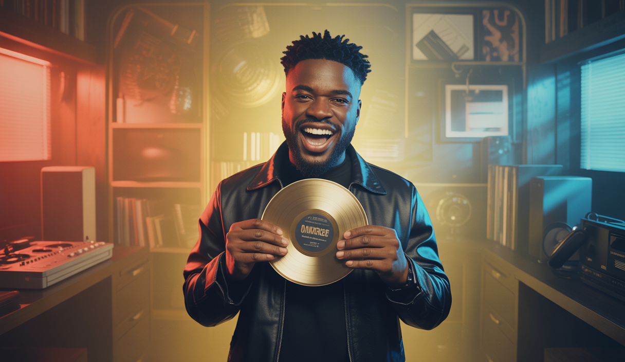 Représentation artistique de Damso avec un disque d'or pour son album BĒYĀH
