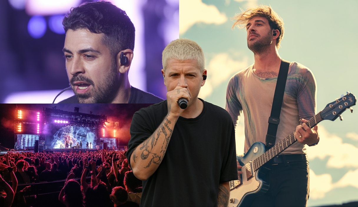 Montage artistique des groupes Deftones, Johnny Marr et Twenty One Pilots sur scène lors de concerts en 2025, reflétant leur diversité musicale et innovation artistique.