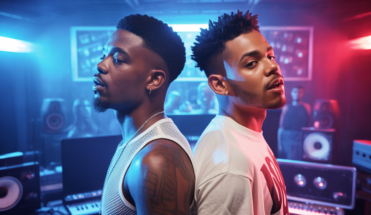 Le duo rap français Djadja & Dinaz en performance live intense lors de leur semaine Planète Rap avec ambiance urbaine et studio sonore
