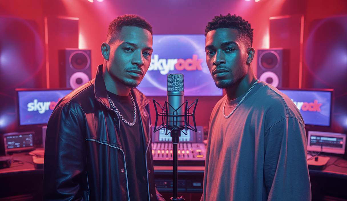 Le duo de rap français Djadja & Dinaz en studio chez Skyrock, posant avec leurs casquettes noires et tenues urbaines, entourés d’équipements audio, avec un fond lumineux rouge et violet évoquant l’ambiance d’une émission Planète Rap