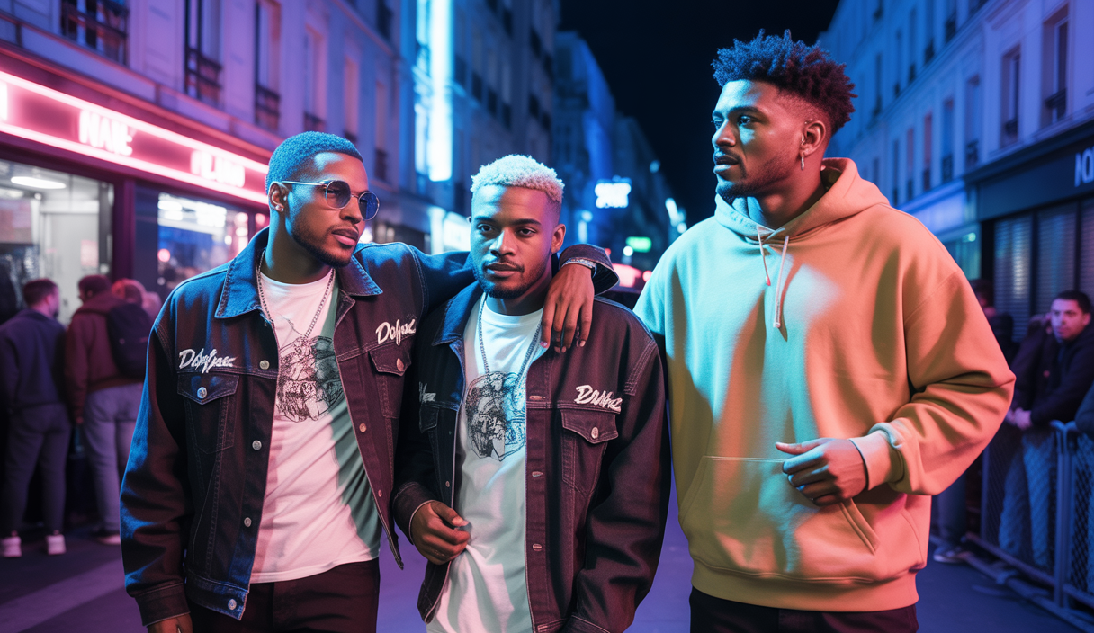 Portraits de Djadja & Dinaz et Timar sur scène, dynamisant la scène rap française en 2025 avec énergie et innovation