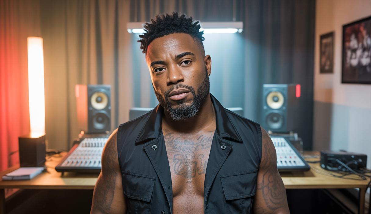 Portrait hyper réaliste de Dosseh, rappeur français d'origine camerounaise et togolaise, en tenue urbaine dans un studio d'enregistrement avec ambiance lumineuse chaude et contrastée