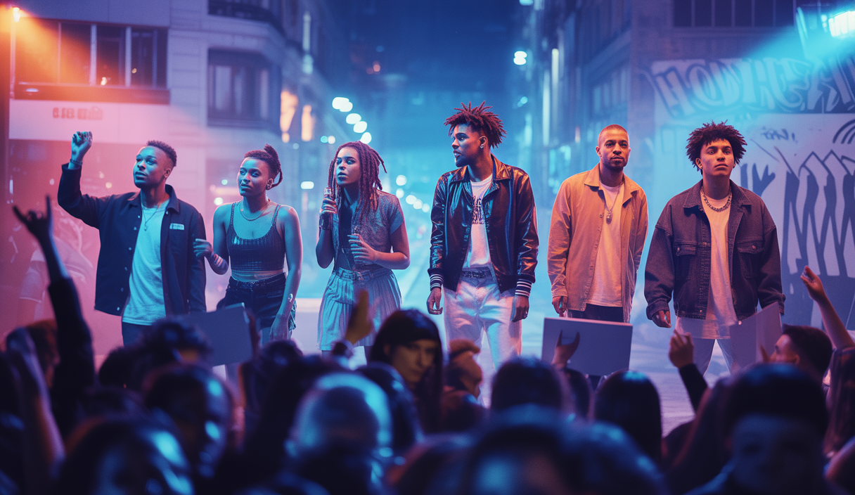 Illustration vibrante représentant l'évolution du rap français en 2025 avec une nouvelle génération d'artistes sur scène, ambiance urbaine nocturne et débats critiques en arrière-plan