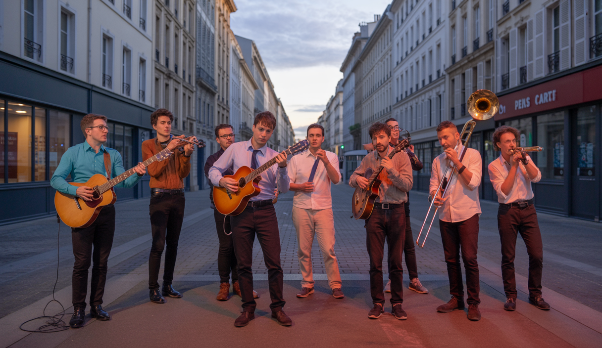 Foule diverse célébrant la Fête de la Musique 2025 dans une rue française sécurisée avec des musiciens jouant en extérieur sous une lumière douce du soir