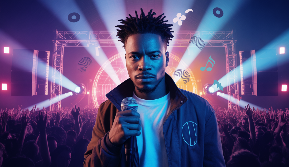 Illustration vibrante et énergique de Fresh LaDouille sur scène dans le paysage rap.