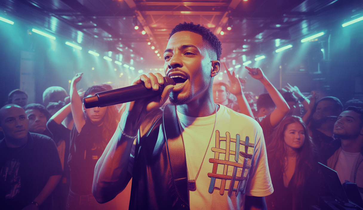Genezio en performance live avec ambiance rap vibrante