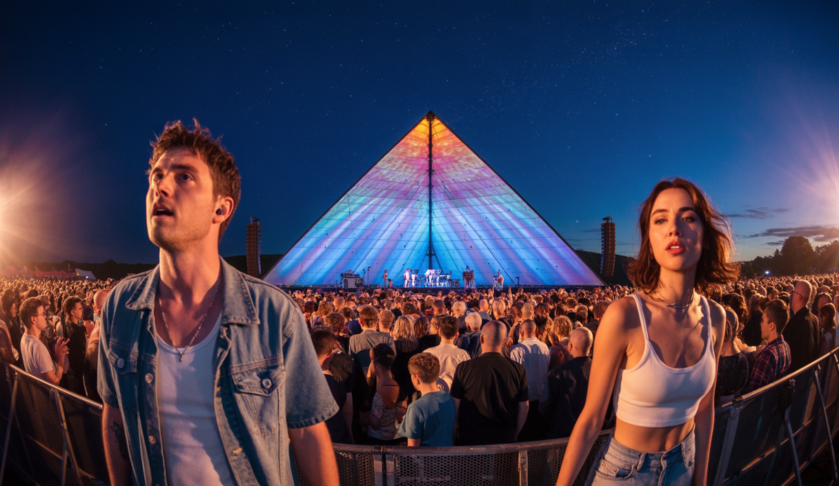 Scène principale de Glastonbury 2025 en pleine nuit avec des artistes internationaux performants devant une foule enthousiaste sous des éclairages colorés éclatants