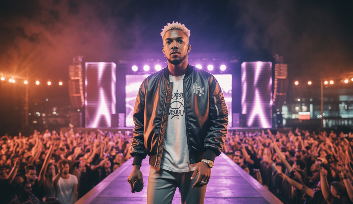 Hamza posant fièrement devant une scène de concert en plein air, vibrant d'énergie, illustrant son statut de leader du rap français en 2025