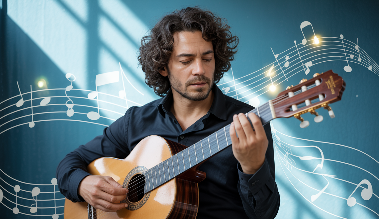 Portrait d'Ida Presti, guitariste virtuose, capturant l'essence de sa musique et de son impact.