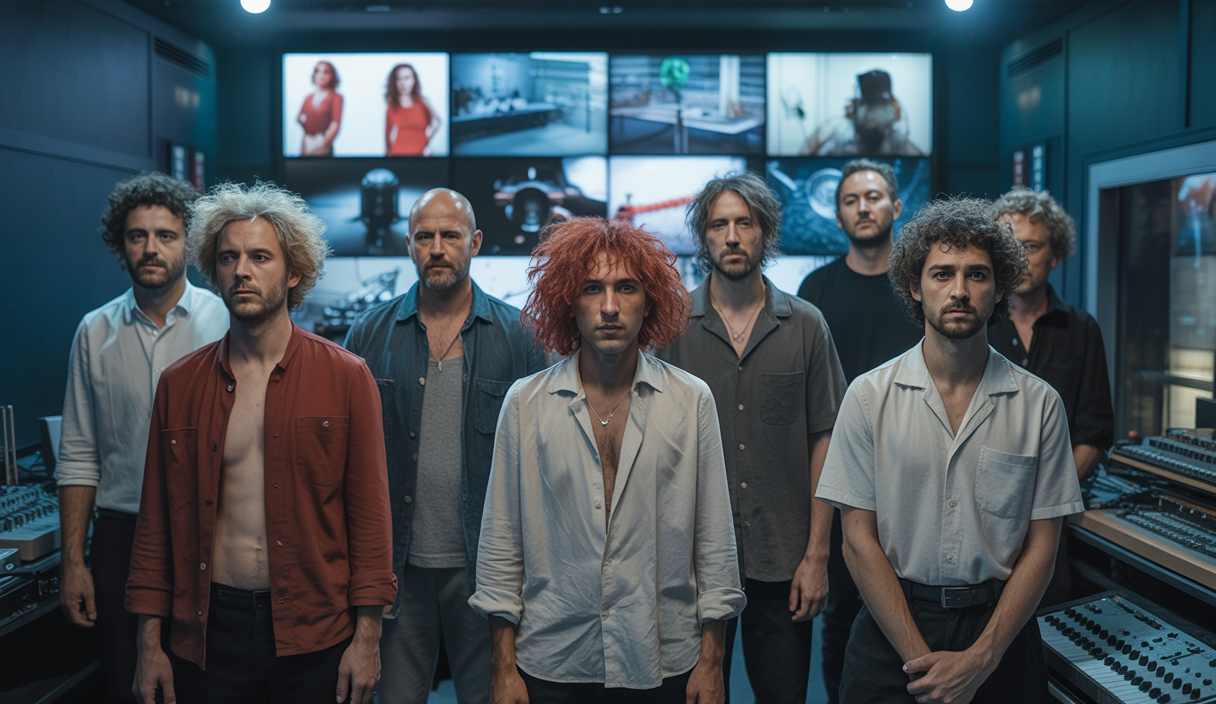 Artistes de l'industrie musicale exprimant des émotions intenses dans un environnement de pression et de défis psychologiques, évoquant la santé mentale