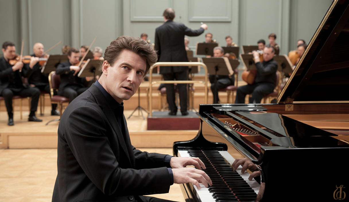 Jean-Yves Thibaudet jouant magistralement le Concerto pour piano n° 5 de Saint-Saëns avec un orchestre symphonique dans une salle de concert prestigieuse.