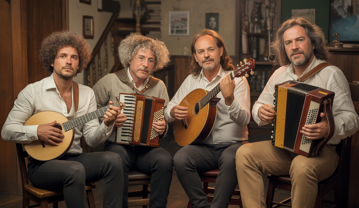 Groupe La Bamboche jouant de la musique folk française traditionnelle avec des instruments authentiques sur scène dans un décor sobre et chaleureux