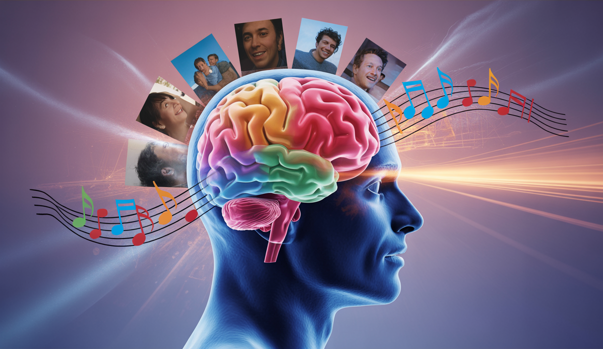 Illustration artistique représentant l'influence profonde de la musique sur les émotions et la mémoire humaines, avec un cerveau stylisé entouré de notes musicales et de souvenirs lumineux