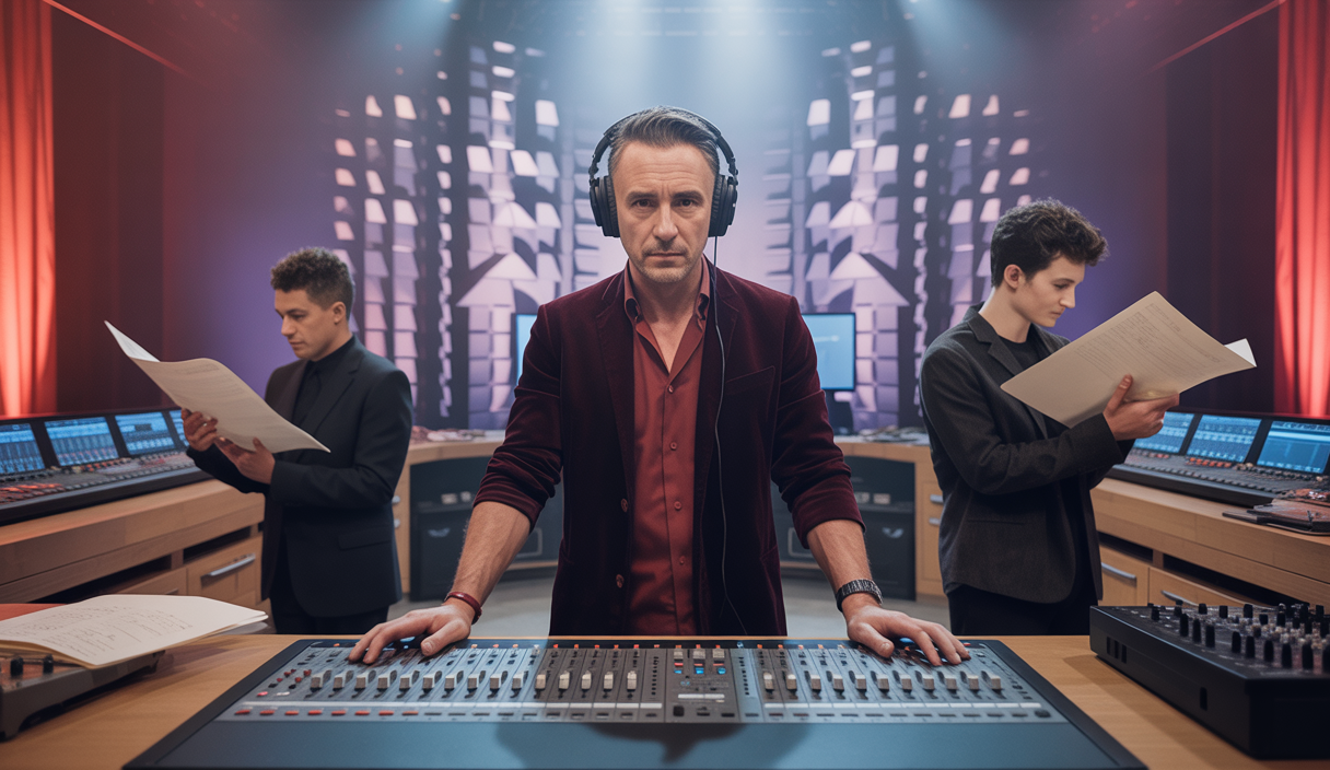Image dynamique du rappeur français Niro en studio d'enregistrement, entouré de collaborateurs.