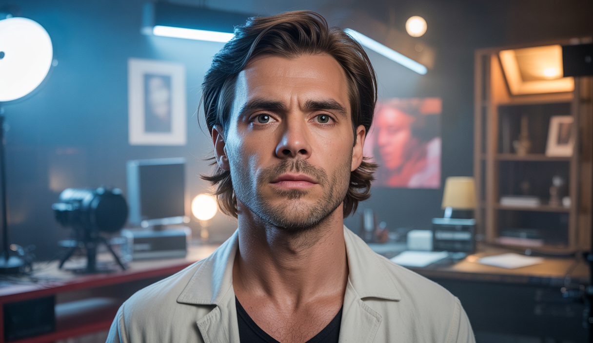 Portrait hyper-réaliste d'Orelsan, rappeur français, dans un environnement cinématographique moderne et élégant