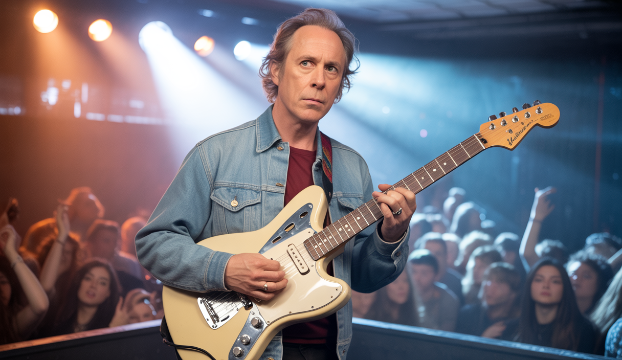 Portrait de Patrick Walden jouant de la guitare électrique sur scène avec Babyshambles