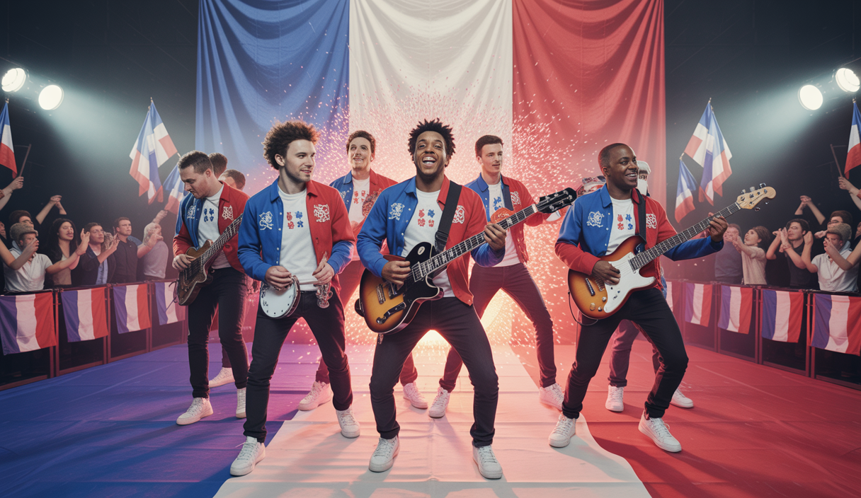 Un groupe de musiciens de RAPTIME jouant des morceaux patriotiques, illustrant l'identité nationale française.