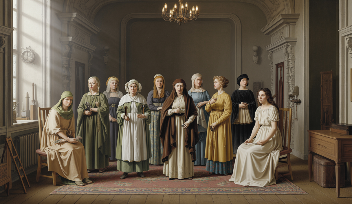 Portraits symboliques de compositrices historiques féminines célèbres représentant l'évolution et la reconnaissance des talents féminins en musique classique.