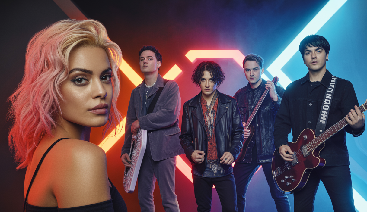 Collage artistique mettant en scène la chanteuse Natti Natasha, le groupe My Chemical Romance (MCR), et le rappeur Jul, symbolisant les tendances musicales de 2025 sous l'influence majeure du streaming.