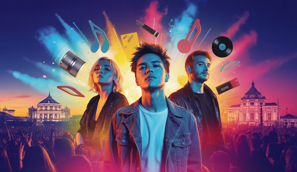 Illustration captivante des tendances musicales de l'été 2025 avec des artistes et des hits internationaux.