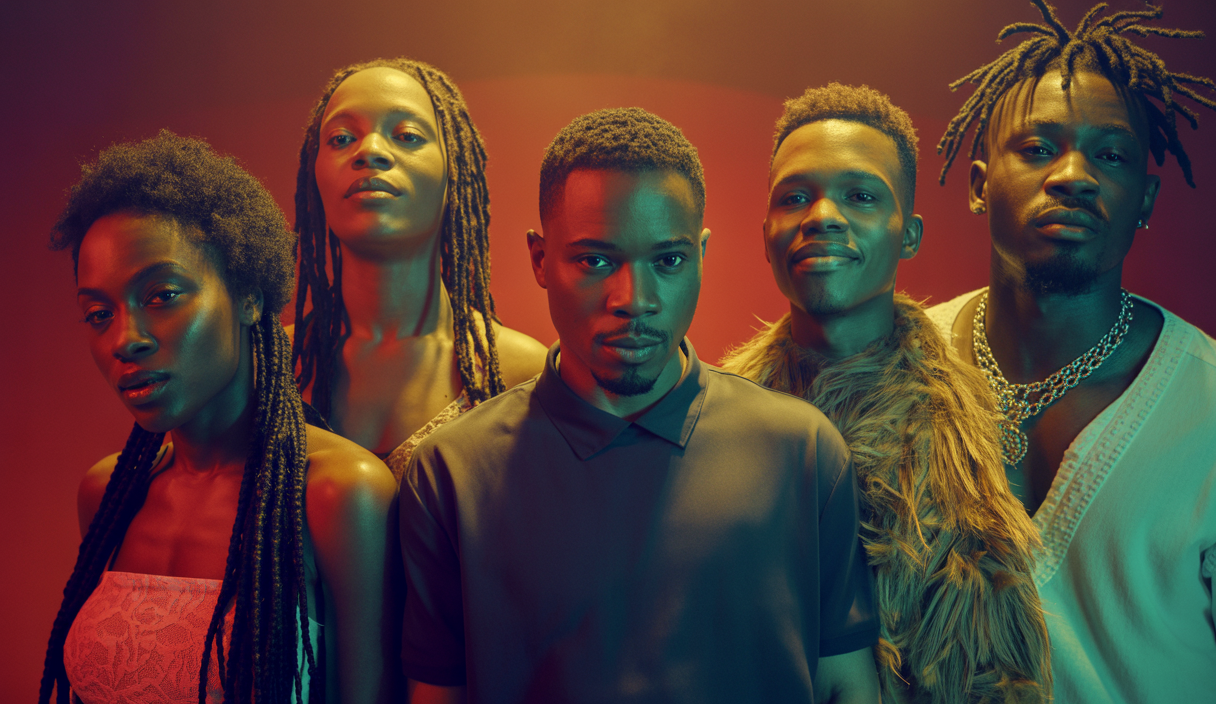 Portraits vibrants des artistes africains contemporains Robsy, Shashl, Djanii Alfa, Cina Soul et Stonebwoy, réunis sur une scène lumineuse lors de l'Afro-Club 2025, illustrant la richesse culturelle et musicale de l'Afrique moderne.