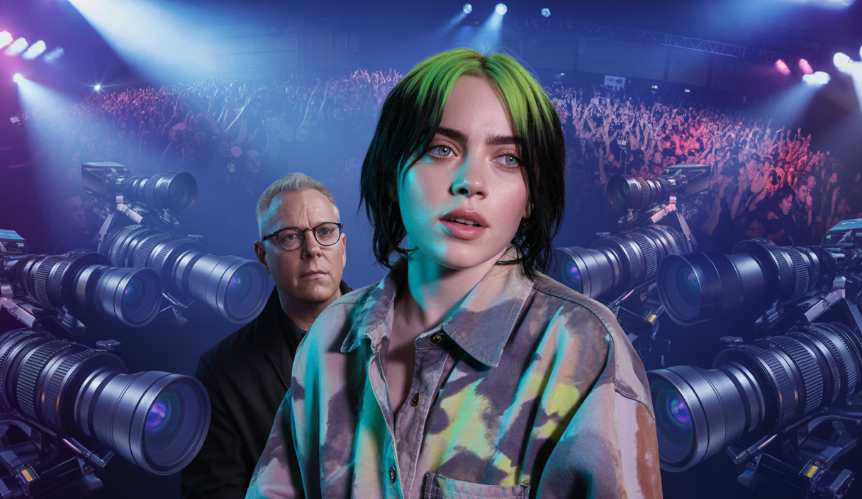 Billie Eilish performing live with concert cameras and James Cameron present, immersive 3D concert experience