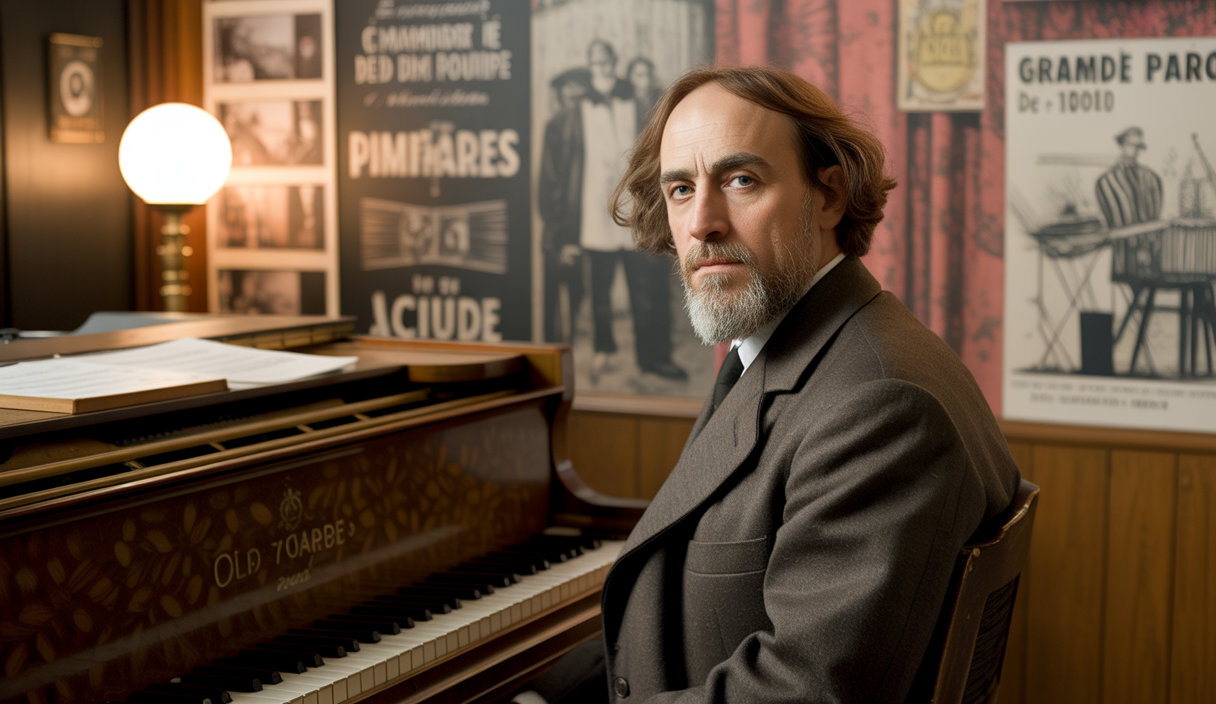 Portrait d'Erik Satie, compositeur français du début du XXe siècle, entouré d'éléments évoquant la musique minimaliste et avant-gardiste