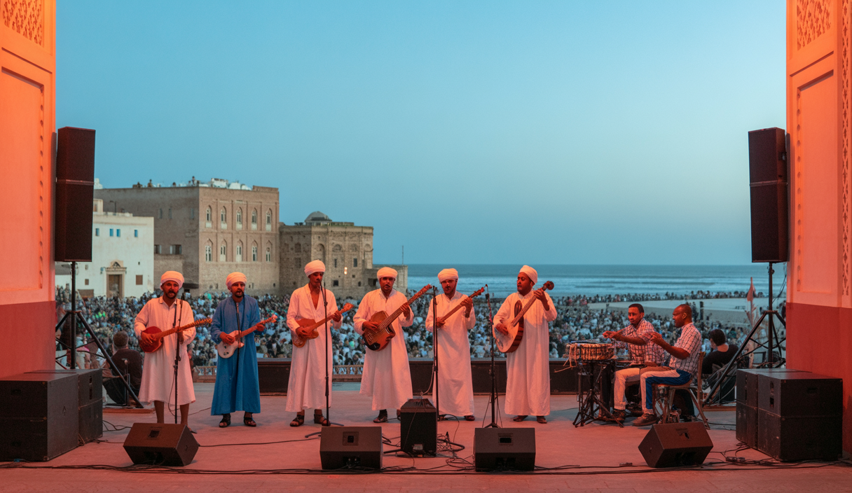 Scène en plein air vibrante du Festival Gnaoua d'Essaouira 2025 avec des musiciens traditionnels et internationaux, public enthousiaste dans la médina côtière marocaine