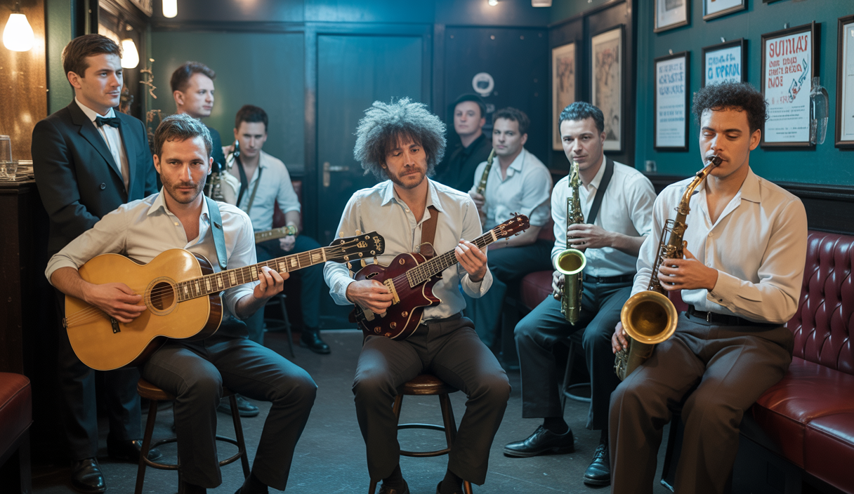Musiciens français de jazz jouant dans un club parisien clandestin pendant la Seconde Guerre mondiale, symbolisant la résistance culturelle