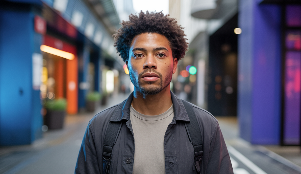 Portrait de Jim Legxacy, artiste londonien noir britannique, posant sur fond urbain moderne, portant un blouson noir et un t-shirt blanc, avec une ambiance énergique et colorée évoquant la diversité musicale britannique.