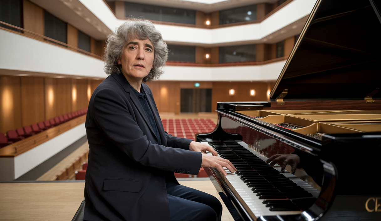 Martha Argerich, pianiste argentine aux cheveux bouclés gris, joue la Gavotte de la 3ème Suite anglaise de Bach au piano dans une salle de concert élégante